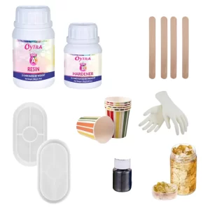 resin art kit with resin and hardner bottlen gloves cups and gold flakes icecream stick